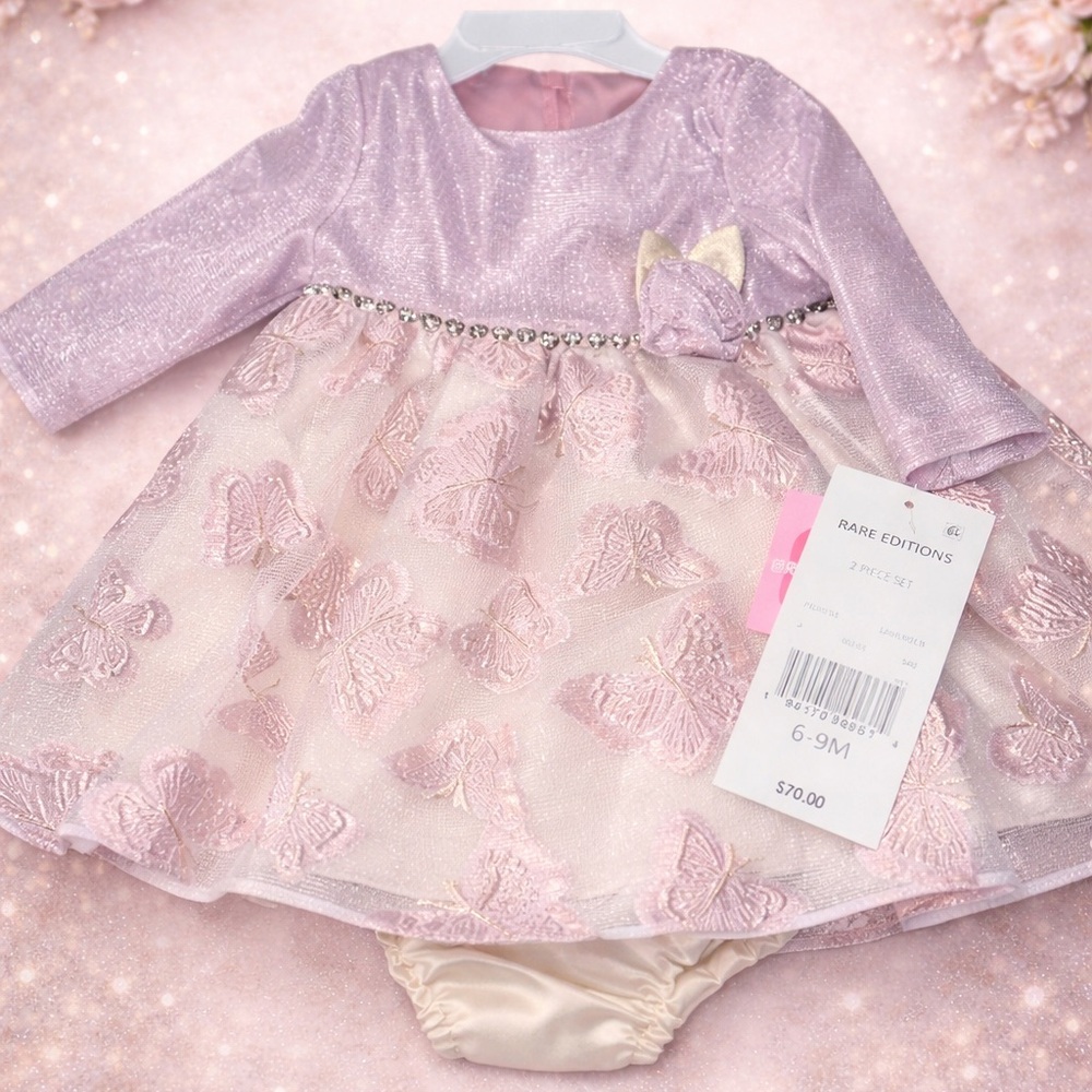 NWT Rare Editions Baby Girl Dress 6-9M Pink Butterfly Holiday Easter Outfit